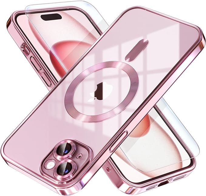 Misea Magnetic for iPhone 15 Case Compatible with MagSafe [Never Yellowing] [Military Grade Drop Protection] Full Camera Lens Protector Plating Soft Clear Phone Case for Women, Pink
