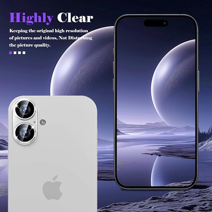 Camera Lens Protector for iPhone 16 / iPhone 16 Plus Camera Lens Protector [Strong Adsorption] [Not Easy to Break] Metal Tempered Glass Rear Camera Screen Cover - Silver