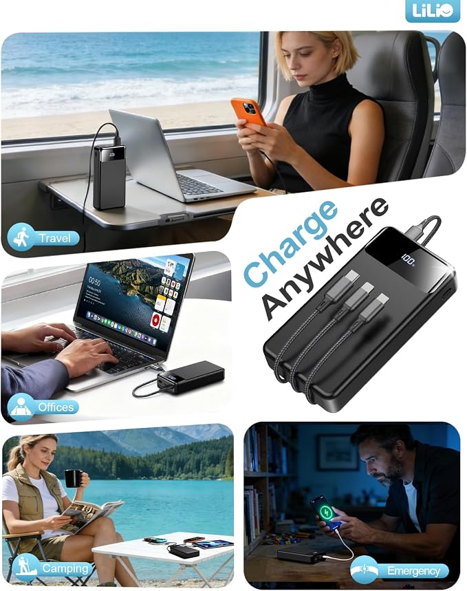LILIO Portable Charger Power Bank，60,000mAh Battery Pack, 22.5W Power Bank Fast Charging with USB Cable, Phone Charger for iPhone 17/16/15/14/13 All Series/Samsung/Android, Camping Essentials, Black