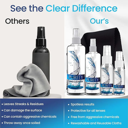 Purity Eyeglass Cleaner Family Pack - Multi-Size Lens Cleaner Kit - 1x1oz, 1x2oz, 1x4oz, 1x8oz Bottles + 4 Premium Microfiber Cloths - Safe for All Lenses, Eyeglasses, & Screens - Streak-Free Formula