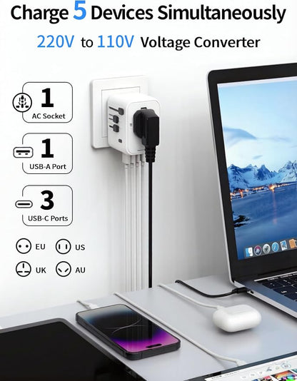 220V to 110V Converter Universal Travel Adapter Compact Voltage Converter Step Down Power Adapter with 3 USB C & USB A Ports US Canada to Europe Plug Adapter UK AU for Hair Dryer (White)