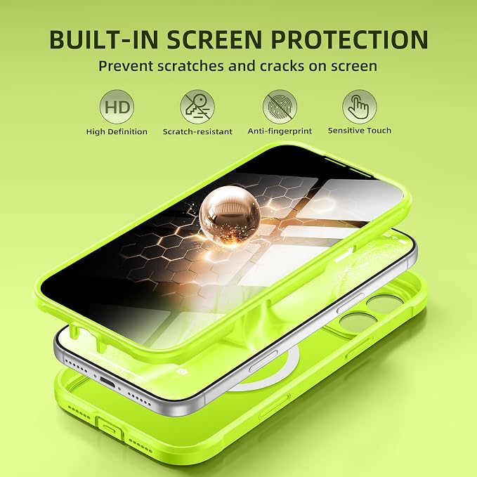 BERFY for iPhone 17 Pro Case, Compatible with MagSafe, Built-in Privacy Screen Protector, Camera Protection, Shockproof Full Body Phone Case 6.3", Translucent Bright Green