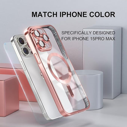 Misea Magnetic for iPhone 15 Pro Max Case with MagSafe [Never Yellowing] [Military Grade Drop Protection] Full Camera Lens Protector Plating Soft Clear Phone Case for Women Girls, Pink
