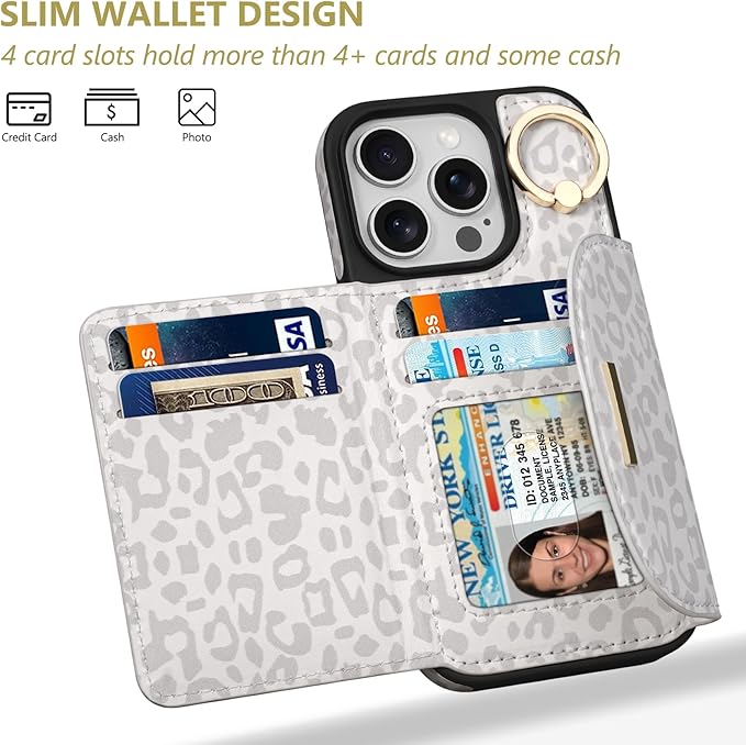 Keallce Wallet Case for iPhone 16 Pro 6.3'', Flip Case with Card Slots, Ring Holder Kickstand, PU Leather Protective Folio Cover for Women, Leopard