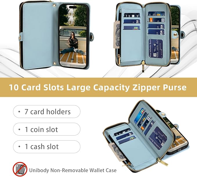 Rssviss Crossbody Case for iPhone 17 Pro Case Wallet, RFID Blocking Leather with Card Holder Kickstand, Handbag Zipper Flip Cover with Wrist Strap for iPhone 17 Pro Men Women 6.3", Blue