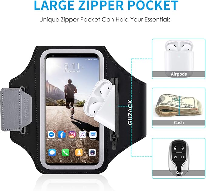 GUZACK Running Phone Holder with Zipper Pouch, Running Armband for iPhone 17/16/15/14/13 Pro Max/Plus, Galaxy S25/S24/S23/S22, Cell Phone Arm Holder with Card Slot - Size L (Bigger Arm 14-17 in)
