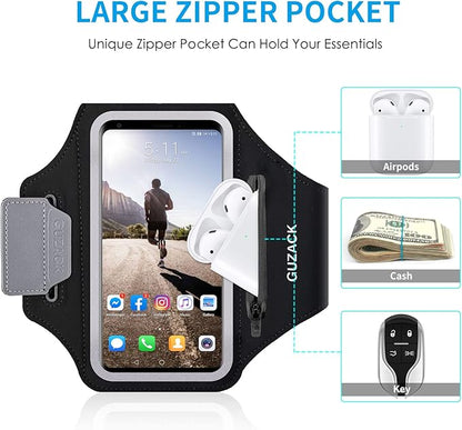 GUZACK Running Phone Holder with Zipper Pouch, Running Armband for iPhone 17/16/15/14/13 Pro Max/Plus, Galaxy S25/S24/S23/S22, Cell Phone Arm Holder with Card Slot - Size L (Bigger Arm 14-17 in)