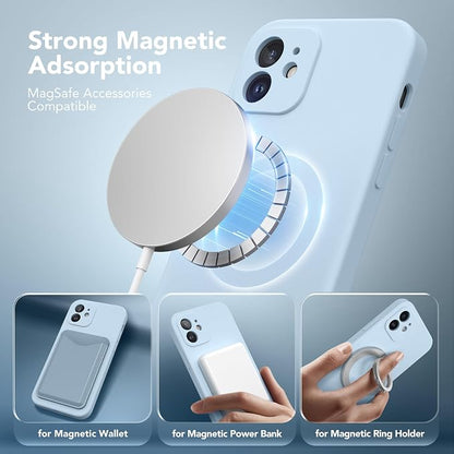 Magnetic for iPhone 12 Case, Compatible with MagSafe, [Full Camera Protection][Screen Protector] Silicone Shockproof Protective Phone Case for iPhone 12 6.1", Light Blue