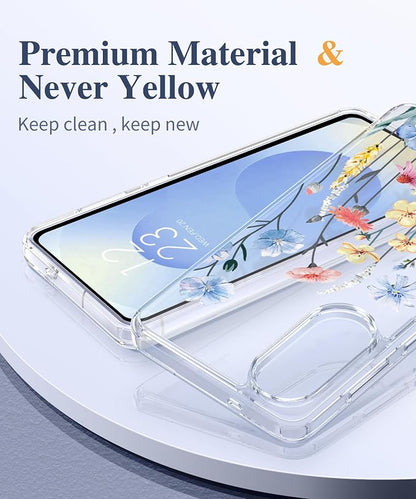 GVIEWIN for Samsung Galaxy S25 Edge Case, Clear Floral Shockproof Protective Women Phone Case, Non-Yellowing, Screen&Camera Lens Protector for Galaxy S25 Edge 6.7",Aconite/Light Blue
