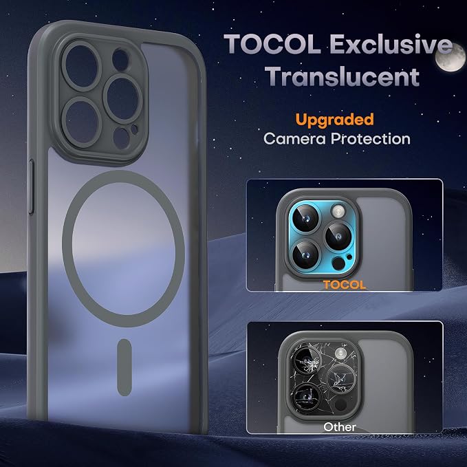TOCOL Magnetic for iPhone 15 Pro Case, Upgraded Full Camera Protection, Compatible with Magsafe, Drop Protection, Translucent Matte Back Bumper Phone Cover 6.1-Inch (Gray)