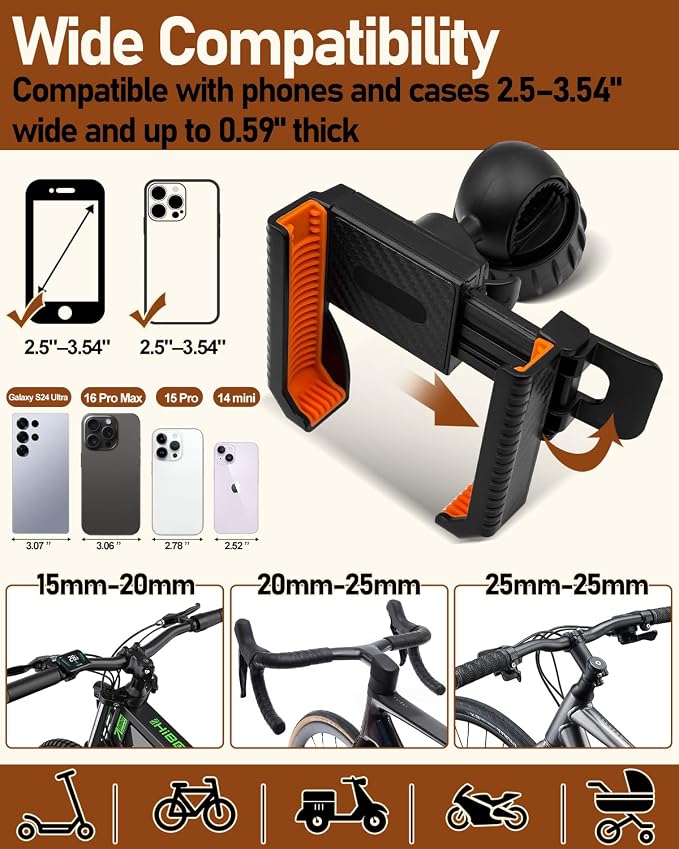 Bike Phone Holder, Bicycle Phone Mount Handlebar Motorcycle Phone Mount 3S Quick Install Bicycle Scooter Phone Clip, for iPhone 16 Pro Max, 15 14 13, Galaxy S25 Ultra, 4.5-7" Phones