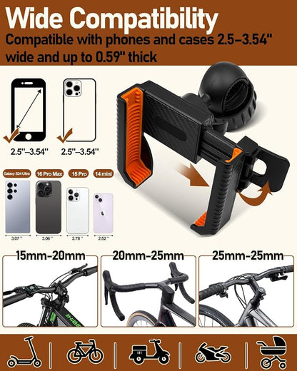 Bike Phone Holder, Bicycle Phone Mount Handlebar Motorcycle Phone Mount 3S Quick Install Bicycle Scooter Phone Clip, for iPhone 16 Pro Max, 15 14 13, Galaxy S25 Ultra, 4.5-7" Phones