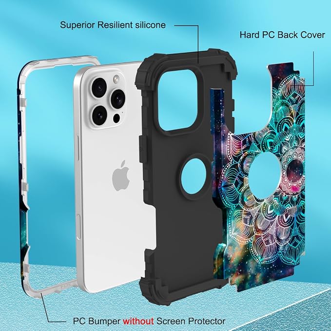 Hocase for iPhone 16 Pro Case 6.3", Heavy Duty Shockproof Protection Soft Silicone Rubber+Hard Plastic Bumpers Hybrid Protective Case for iPhone 16 Pro 2024 - Mandala in Galaxy