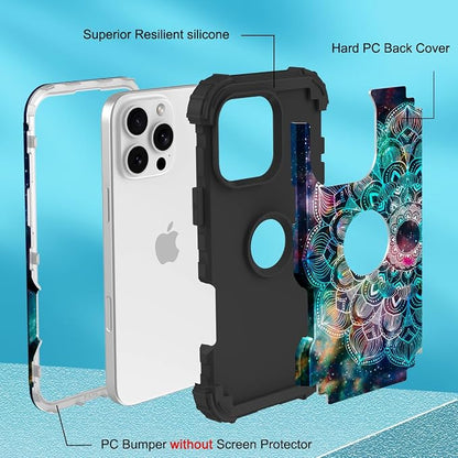 Hocase for iPhone 16 Pro Max Case, Heavy Duty Shockproof Protection Soft Silicone Rubber+Hard Plastic Bumpers Hybrid Protective Case for iPhone 16 Pro Max 2024 - Mandala in Galaxy