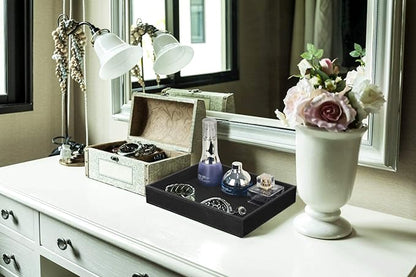 HofferRuffer Faux Leather Vanity Tray, Elegant Desktop Storage Organizer, Decorative Catchall for Perfume, Bathroom Valet, Nightstand or Dresser, Black, 10.2 x 8.4 x 1.8 Inches (Pack of 2)