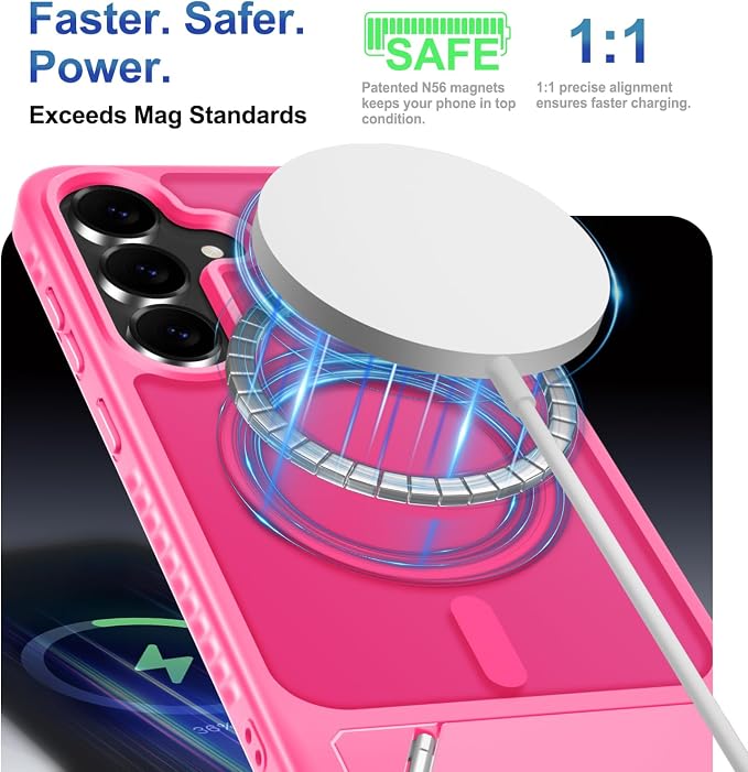 for Samsung Galaxy S25 FE Case with Screen Protector+Lanyard Wrist Strap,Magnetic Translucent Matte Rugged Slim Phone Cover Built in Invisible Kickstand [Fit for MagSafe],2025 Hot Pink