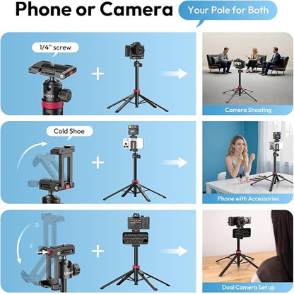 ULANZI MT-44B Phone Tripod, 59'' Auto Open Phone Stand with Dual Camera Set up, 360° Ball Head, Extendable Selfie Stick w Cold Shoe for Filming/Selfie in Vlog, Family Gatherings, Black