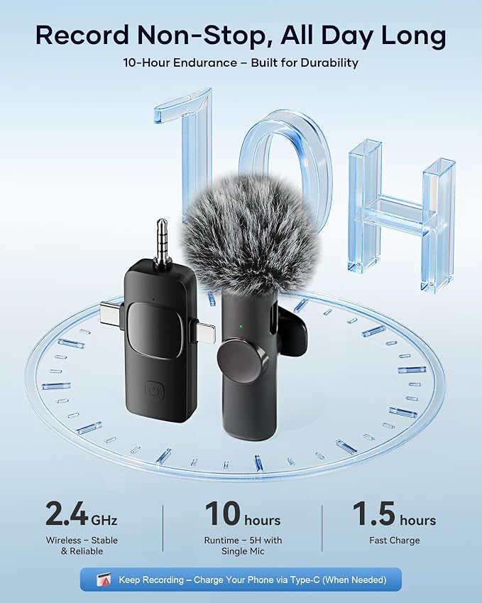 Wireless Microphone for iPhone iPad Android Phone and Camera, 2 Pack Wireless Lavalier Lapel Mic with Noise Reduction, 3 in 1 Mini Microphone for Video Recording Interview Podcast YouTube TikTok Vlog