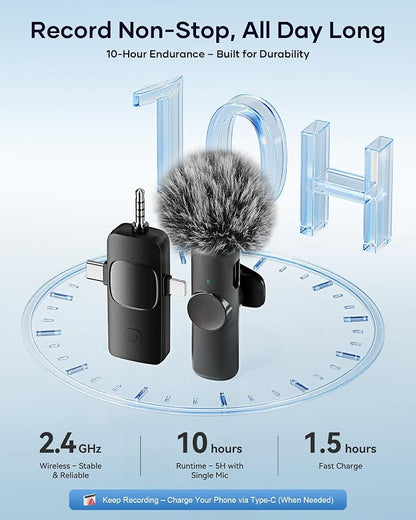 Wireless Microphone for iPhone iPad Android Phone and Camera, 2 Pack Wireless Lavalier Lapel Mic with Noise Reduction, 3 in 1 Mini Microphone for Video Recording Interview Podcast YouTube TikTok Vlog