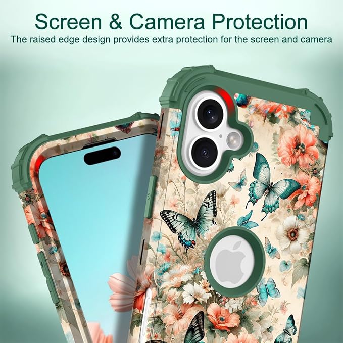 Hocase for iPhone 16 Case 6.1", Heavy Duty Shockproof Protection Soft Silicone Rubber+Hard Plastic Bumpers Hybrid Protective Case for iPhone 16 2024 - Teal Green Butterflies