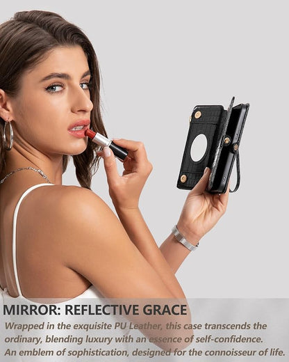 Crossbody Wallet Case for iPhone 15 Pro with Mirror, Wrist Strap, Zipper Purse Magnetic Flip RFID Blocking Card Holder, Wireless Charging, PU Leather Shockproof 6.1" Women (Black)
