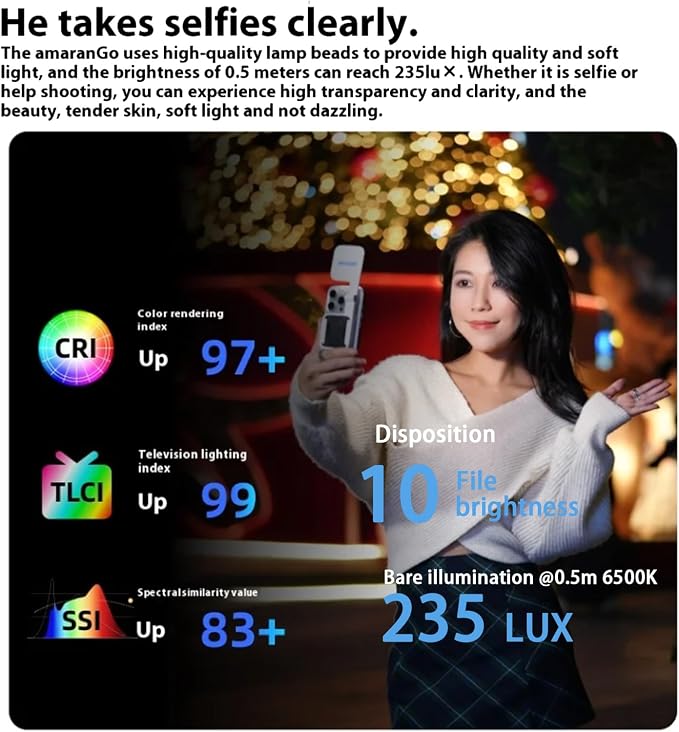 Magnetic Selfie Phone Light,Amaran Go Dual LED Light Source with Adjustable Mirror Light CCT 2700K-6500K,Rechargeable for Selfie,Makeup,Video Conference,TikTok,for iPhone & Android (Blue)
