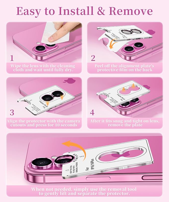 GolbinBox Camera Lens Protector for iPhone 17/16/16 Plus, 1:1 Invisible Fit, 9H Tempered Glass Ultra HD Metal Individual Camera Cover, Case Friendly, Hot Pink