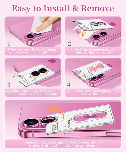 GolbinBox Camera Lens Protector for iPhone 17/16/16 Plus, 1:1 Invisible Fit, 9H Tempered Glass Ultra HD Metal Individual Camera Cover, Case Friendly, Hot Pink