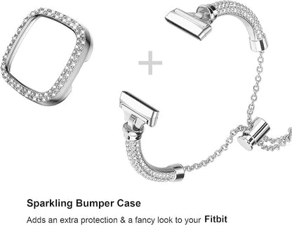 Bling Band And Case Compatible with Fitbit Versa 4/ Fitbit Sense 2 for Women, Metal Stainless Steel Wristband Replacement for Fibit Sense 2/Versa 4 (Silver)