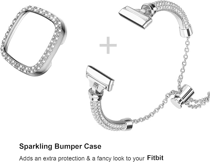 Bling Band And Case Compatible with Fitbit Versa 3/ Fitbit Sense for Women,Stainless Steel Metal Wristband Replacement for Fibit Sense/Versa 3 (Silver)
