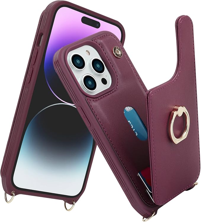 Lipvina for iPhone 14 Pro Case with Card Holder for Women,Phone Case with Strap,Crossbody Lanyard,RFID Blocking,Ring Stand,Snap Clasp,Cute Wallet Case 6.1 inch(Wine Red)