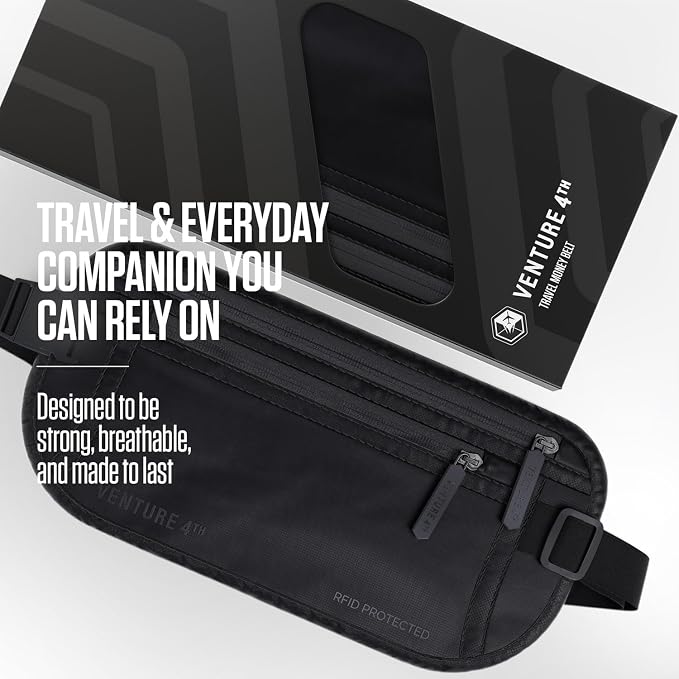 VENTURE 4TH Money Belt for Travel – Hidden Under-Clothes RFID Blocking Passport Holder & Slim Travel Wallet Pouch for Men & Women to Protect Cash, Cards & Documents (Sleek Black)