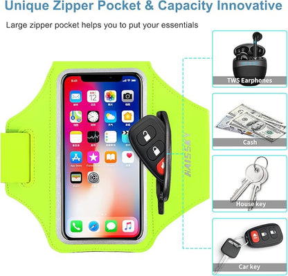 Cell Phone Running Armband with Zipper Pocket Armband Case Running Holder for iPhone 16 Pro Max/15/14 Pro Max/13/12 /11 Pro Max/XS/XR,Galaxy S20 S10,Sweatproof Arm Band with Card/Key Bag