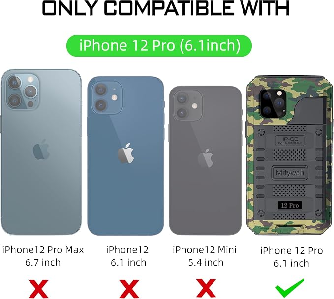 Mitywah Waterproof Case for iPhone 12 Pro, Heavy Duty Shockproof Case with Built-in Screen Protector, Full Body Underwater Protective Metal Case 6.1 inch, Camouflage