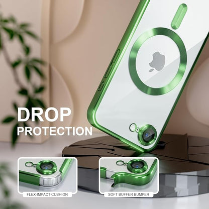 Misea Magnetic for iPhone 17e / 16e Case Compatible with MagSafe [Never Yellowing] [Military Grade Drop Protection] Full Camera Lens Protector Plating Soft Clear Phone Case for Women 6.1 inch, Green