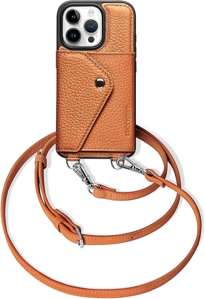 LUCKYCOIN for iPhone 16 Pro Crossbody Wallet Case – Genuine Leather Phone Purse with Adjustable Strap and Card Holder,Lanyard Phone Purse Case for Women,Pebble Grain Brown