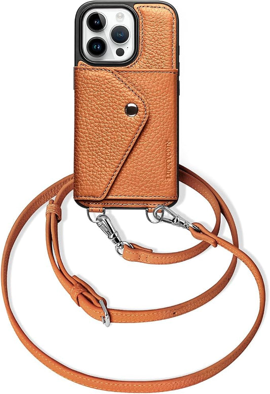 LUCKYCOIN for iPhone 16 Pro Crossbody Wallet Case – Genuine Leather Phone Purse with Adjustable Strap and Card Holder,Lanyard Phone Purse Case for Women,Pebble Grain Brown
