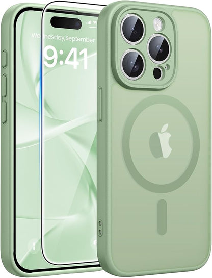 FNTCASE for iPhone 15 Pro Max Case: [Compatible with Magsafe] Translucent Matte Cases with [Full Camera Protection] [Screen Protector] Military Grade Shockproof Protective Phone Cover - Light Moss