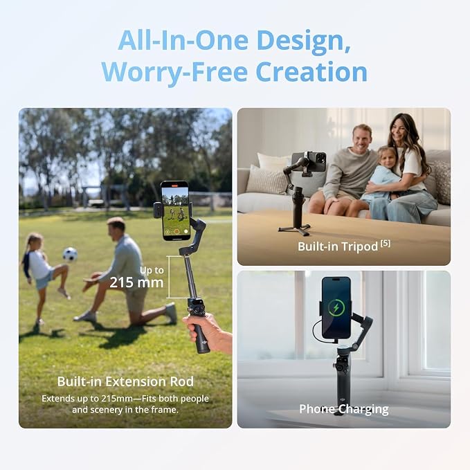 DJI Osmo Mobile 8 Gimbal Stabilizer for Phone, Native Tracking with Audio & Lighting, 360° Pan Rotation, Extension Rod & Tripod, Robust 3-Axis Stabilization + Wireless Mic Set + Charger + Wall Charger