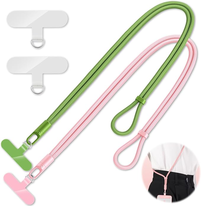 KITANIS 2 Pack Phone Lanyard,2×Phone crossbody strap,4×Tether Tabs,Universal Cell Phone Multifuctional Patch Polyester Lanyards,Cell Phone Lanyards for Women and Men(pink+green)