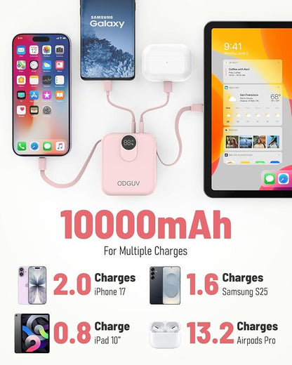 Small Portable Charger with Built-in Cables,22.5W Fast Charging Power Bank,USB-C Mini Battery Pack 10000mAh,Travel Essential Powerbank for iPhone Samsung Android MacBook iPad,Pink