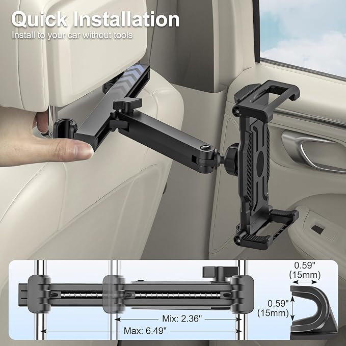 Car Seat Headrest Tablet Holder, [Mobile Folding Arm] Back Seat Tablet Mount for Road Trip, Fit Thickness Case (Deep Max 1.18'') for iPad Pro 12.9/ Air/Mini, Galaxy Tab, All 6.1-15.6" Devices
