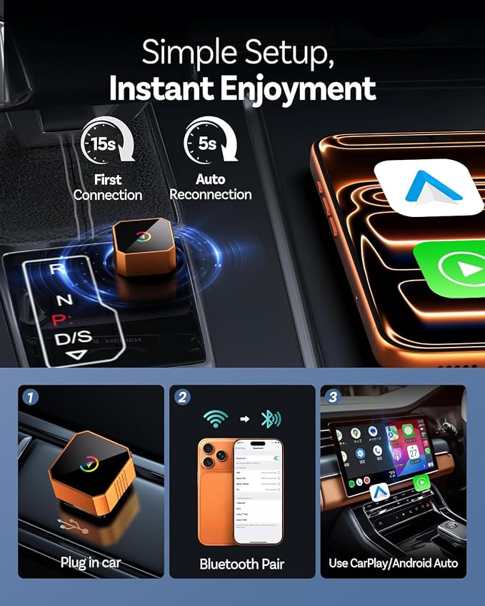 Wireless CarPlay Adapter for iPhone＆Android, 2026 Upgraded Car Play Mini Wired to Wireless Adapter for CarPlay ＆Android Auto Plug and Play Stable Connection & No Latency for iPhone iOS 10+