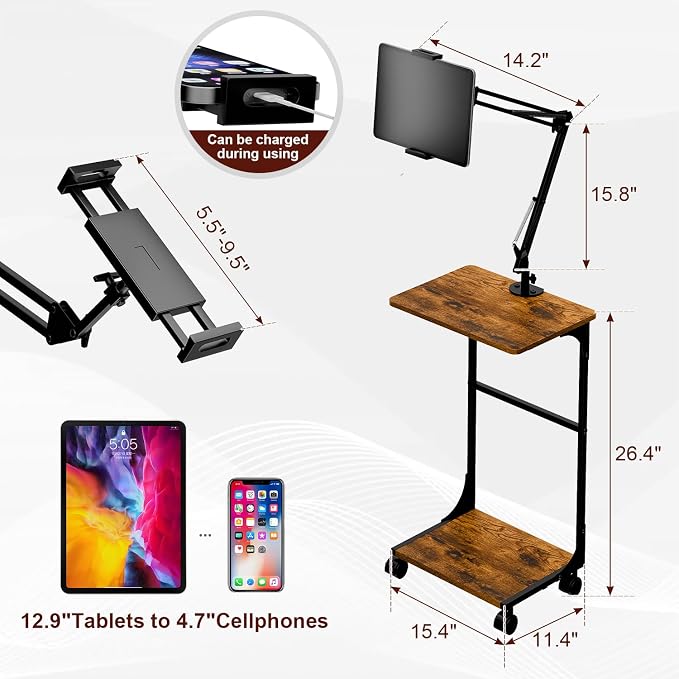 Floor Kindle Tablet iPad Stand with 2-Tier Storage Shelves,Angle Height Adjustable iPad Tablet Kindle Holder for Bed with 360-Degree Rotating Wheels, Compatible with 4.7"-13" Kindle Cell Phone iPhone