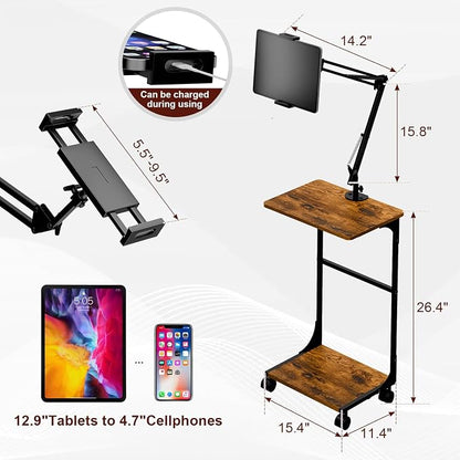 Floor Kindle Tablet iPad Stand with 2-Tier Storage Shelves,Angle Height Adjustable iPad Tablet Kindle Holder for Bed with 360-Degree Rotating Wheels, Compatible with 4.7"-13" Kindle Cell Phone iPhone