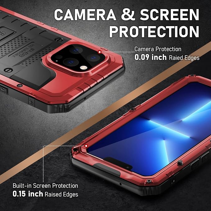 Beasyjoy for iPhone 13 Pro Max Case, Metal Waterproof Phone Case with Built-in Screen Protector, Full Body Protective Military Grade Shockproof Heavy Duty Rugged Defender Cover 6.7 Inch, Red