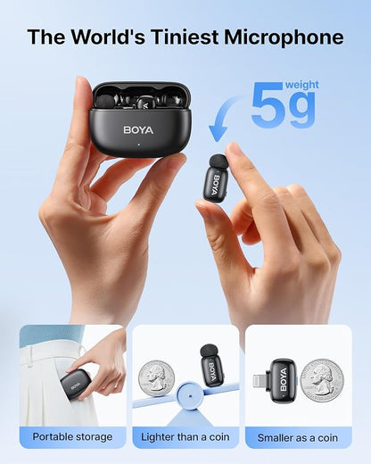 BOYA mini 2 Wireless Microphone for iPhone with MFi Certified, AI Noise Cancellation, App Control, 48k Hz/24 Bit, 30H Battery Life with Charging Case,Lapel Microphone Wireless for Video Recording Vlog