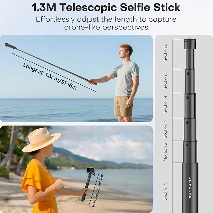 REYGEAK 51 Inch Invisible Selfie Stick for Insta360 X5,Extension Selfie Pole with Dual-Claws,Aluminum Waterproof Long Monopod for GoPro13/12/11/10/9/Osmo360/Action 5 Pro/4/3/Pocket 3 Accessories