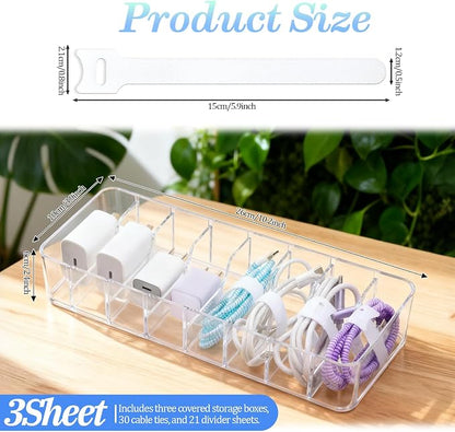 3 Pcs Cord Organizer Box with Lid, 10.8 x 3.7 x 2.4 Inch Clear Plastic Cable Organizer Box with 30 Cable Ties Adjustable Charger Storage Boxs for Home, Office, Drawer, Desktop Organization