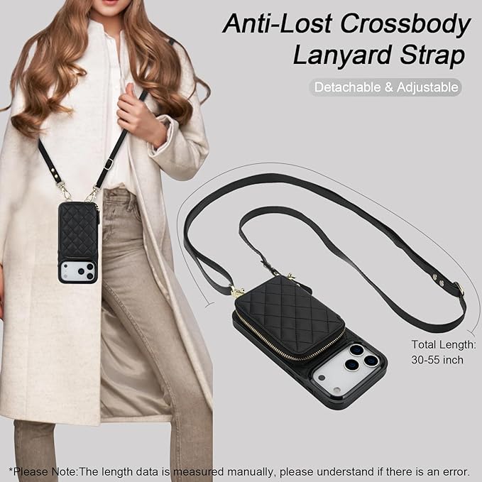Bocasal Crossbody Wallet Case for iPhone 17 Pro Max, RFID Blocking PU Leather Zipper Handbag Purse Flip Cover, Kickstand Folio Case with Card Slots Holder Wrist Strap Lanyard 5G 6.9 Inch (Black)